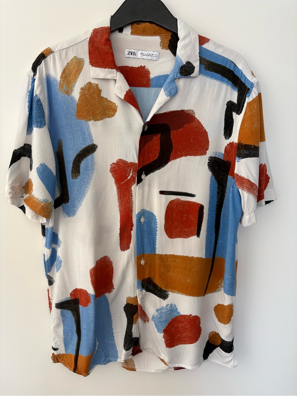 Zara Men’s Abstract Brushstroke Print Camp Collar Button-Up Shirt | US M